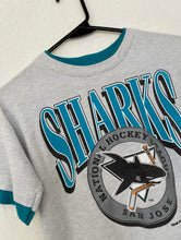 Load image into Gallery viewer, Vintage 90s Grey and Teal San Jose Sharks Tee -- Size Extra Small/Small