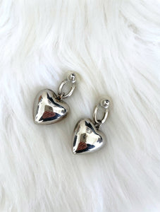 Vintage Faux Silver Large Hanging Heart Earrings