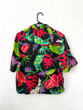 Load image into Gallery viewer, Vintage 90s Black Silk Tropical Print Cropped Button Down