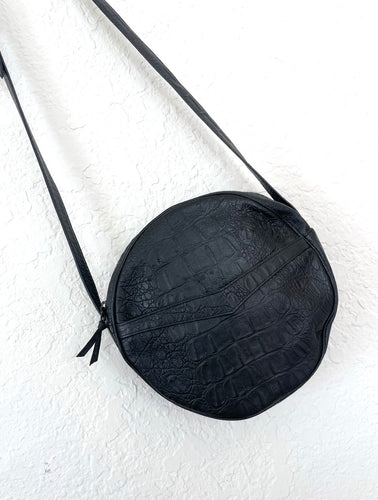 Vintage 80s Black Round Leather Alligator Shoulder Bag