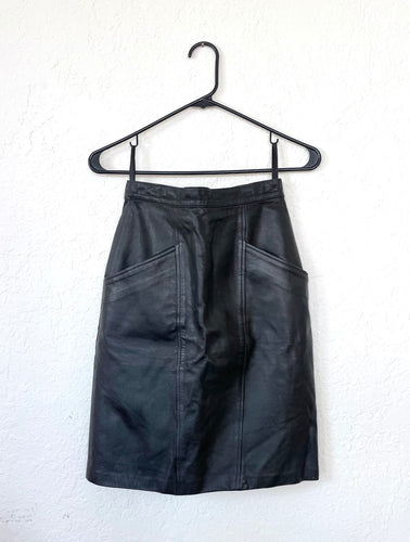 Vintage High Waisted Black Leather Pencil Skirt -- Size 26 Small Pockets