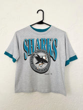 Load image into Gallery viewer, Vintage 90s Grey and Teal San Jose Sharks Tee -- Size Extra Small/Small