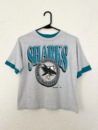 Vintage 90s Grey and Teal San Jose Sharks Tee -- Size Extra Small/Small