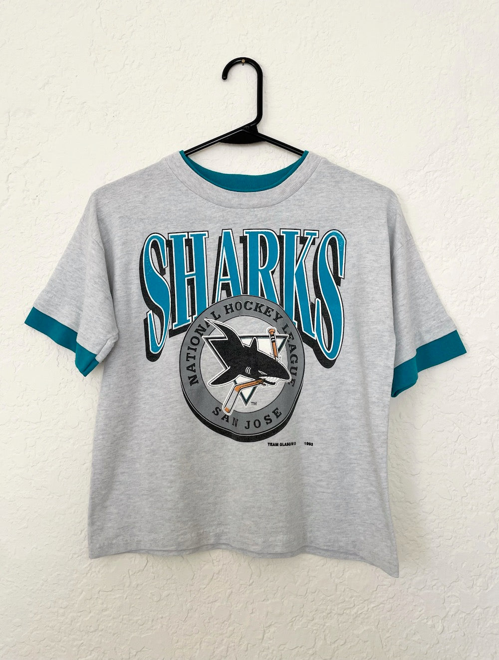 Vintage 90s Grey and Teal San Jose Sharks Tee -- Size Extra Small/Small