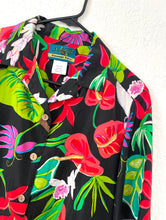 Load image into Gallery viewer, Vintage 90s Black Silk Tropical Print Cropped Button Down