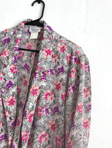 Vintage 80s Long Pink Purple and White Open Floral Print Blazer