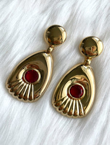 Vintage Large Faux Gold Dangling Red Gemstone Earrings