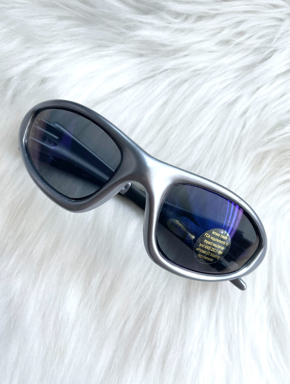 Vintage Y2K Silver and Reflective Blue Wraparound Sunglasses