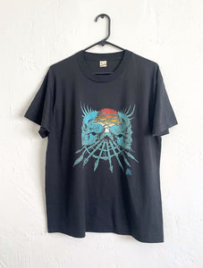 Vintage Paper Thin Skull and Barbed Wire Tee Tribal Retro Halloween