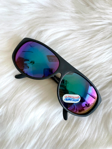 Vintage 80s Matte Black Colorful Reflective Tint Shield Sunglasses Aviator
