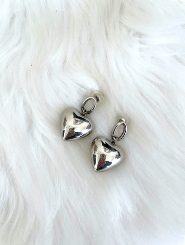 Vintage Faux Silver Large Hanging Heart Earrings