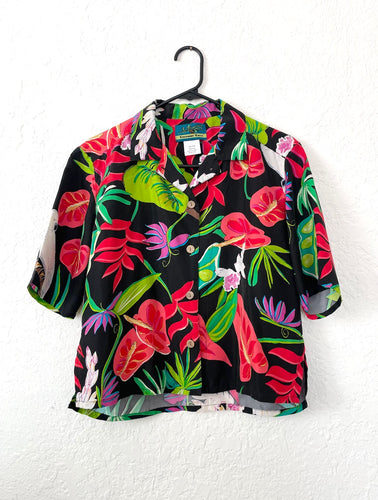 Vintage 90s Black Silk Tropical Print Cropped Button Down