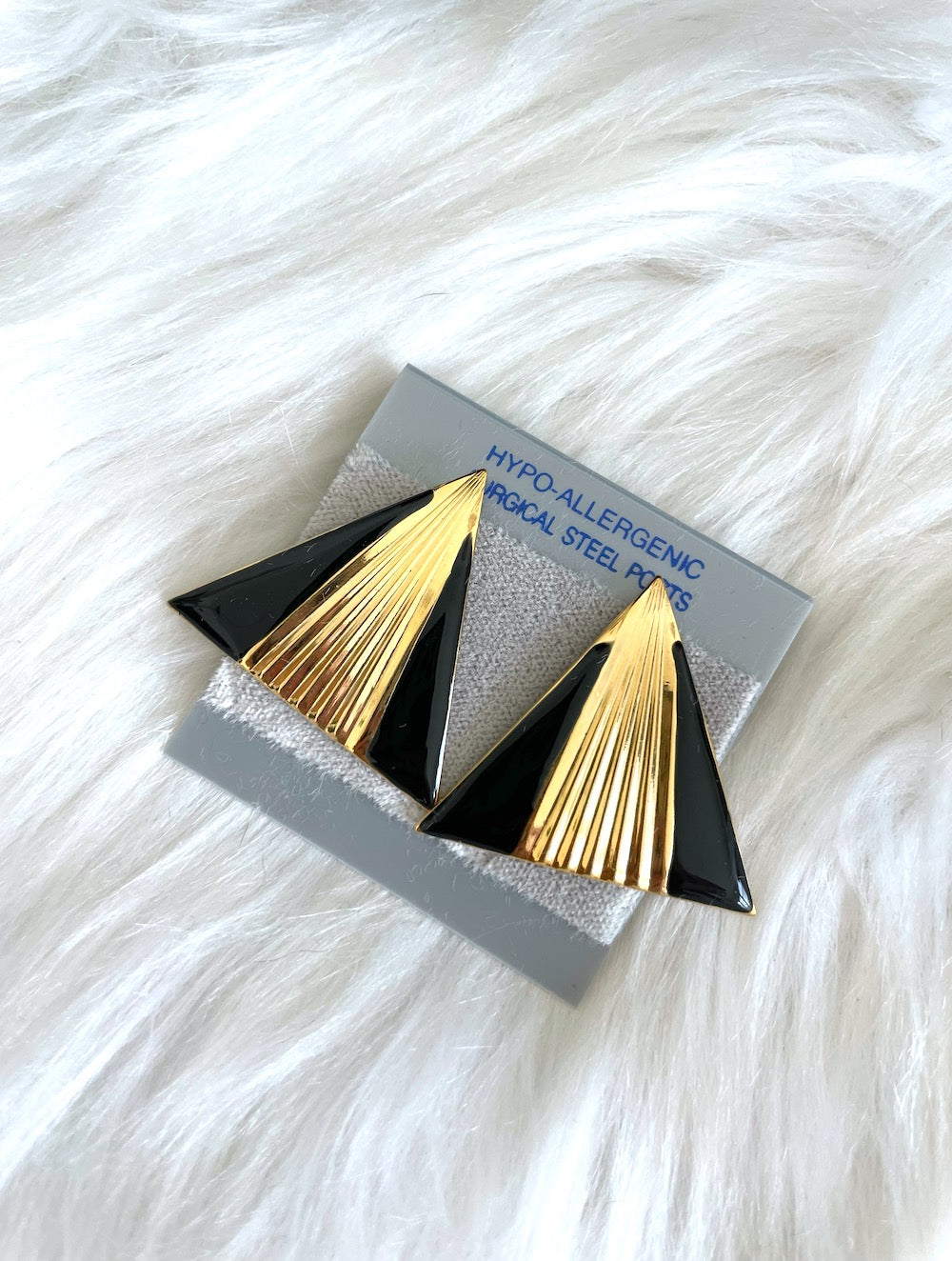 Vintage Faux Gold and Black Triangle Earrings Retro Glam 80s