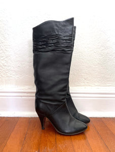 Vintage 80s Tall Black Leather Slouchy Boots -- Size 37