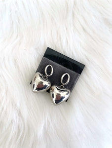 Vintage Faux Silver Large Hanging Heart Earrings