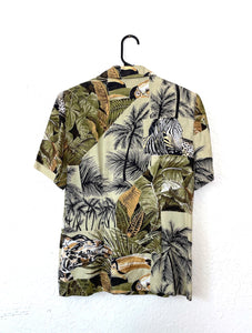 Vintage 70s Safari Print Button Down Top Tropical Blouse Crop Top