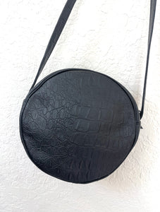Vintage 80s Black Round Leather Alligator Shoulder Bag