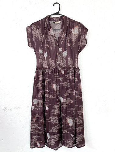 Vintage 70s Sheer Brown Floral Print Pleated Dress