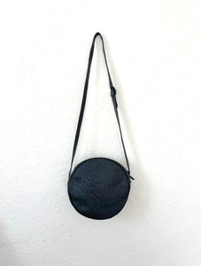 Vintage 80s Black Round Leather Alligator Shoulder Bag