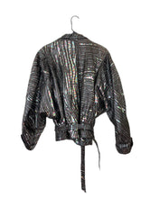 Load image into Gallery viewer, Vintage 80s Oil Slick Iridescent and Black Tie Front Leather Jacket
