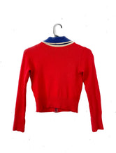 Load image into Gallery viewer, Vintage 70s Red and Blue Cropped Zipper Cardigan Sweater -- Size Extra Small/Small