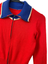 Load image into Gallery viewer, Vintage 70s Red and Blue Cropped Zipper Cardigan Sweater -- Size Extra Small/Small