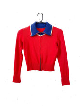 Load image into Gallery viewer, Vintage 70s Red and Blue Cropped Zipper Cardigan Sweater -- Size Extra Small/Small
