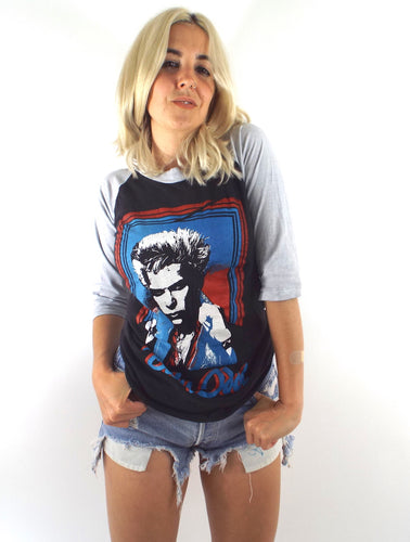 Vintage 80s Black and Grey Billy Idol White Wedding Baseball Tee Size Small