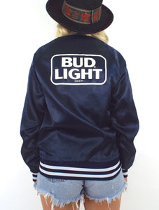 Vintage 80s Navy Blue Bud Light Satin Varsity-Style Jacket