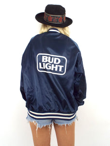 Vintage 80s Navy Blue Bud Light Satin Varsity-Style Jacket - Size Medium