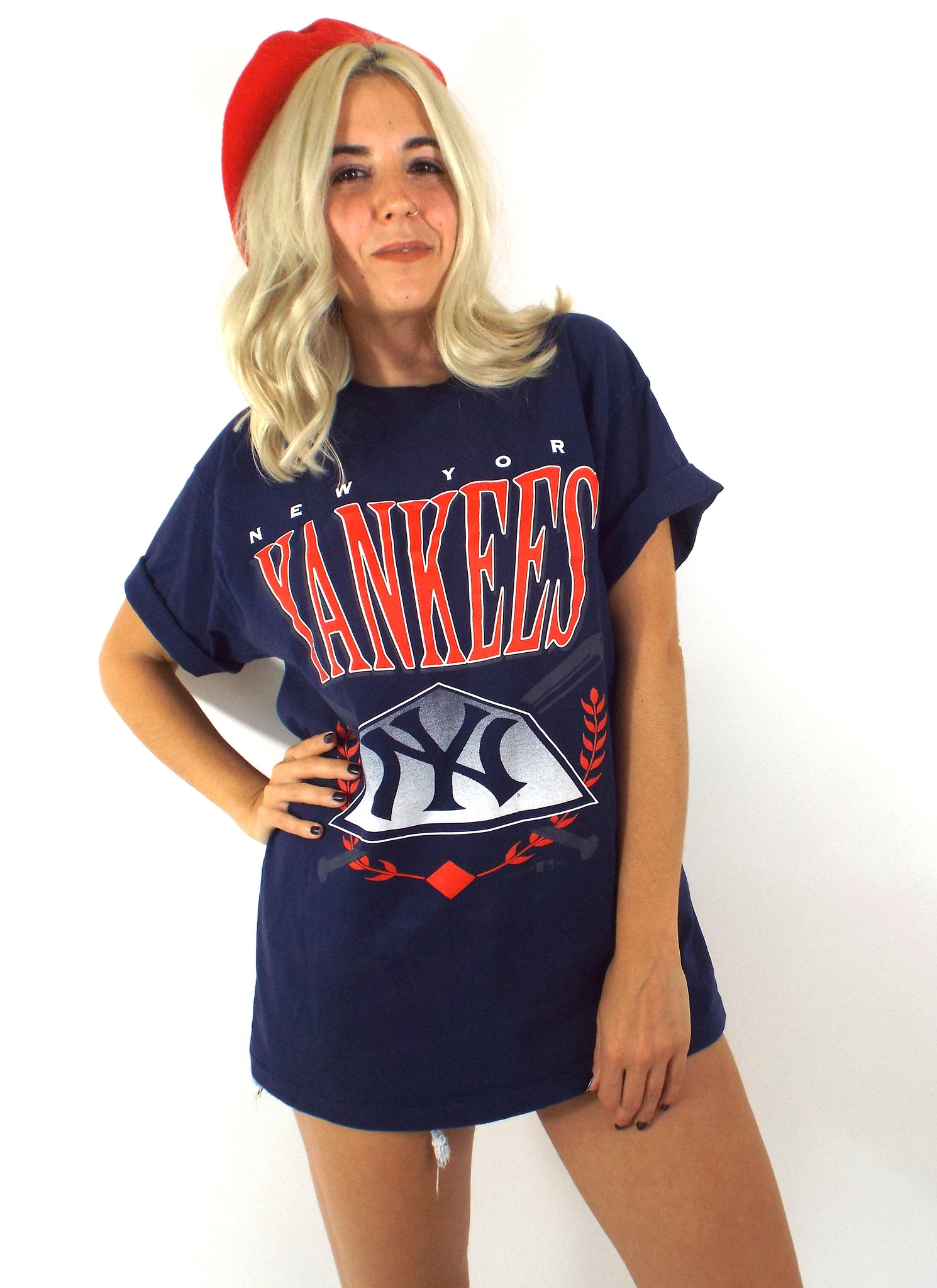 Vintage New York Yankees White/ Red/ Navy T Shirt (Size XL,Fits