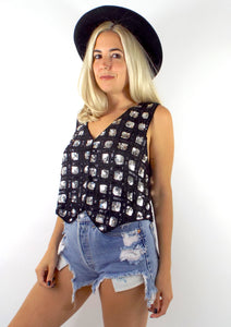 Vintage 80s Silk Black and Silver Square Design Sequined Crop Top