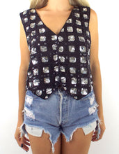 Load image into Gallery viewer, Vintage 80s Silk Black and Silver Square Design Sequined Crop Top