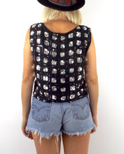 Load image into Gallery viewer, Vintage 80s Silk Black and Silver Square Design Sequined Crop Top