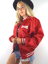 Load image into Gallery viewer, Vintage 80s Red Budweiser Logo Satin Varsity-Style Jacket