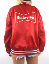 Load image into Gallery viewer, Vintage 80s Red Budweiser Logo Satin Varsity-Style Jacket