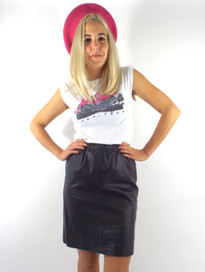 Vintage High Elastic Waist Black Leather Pencil Skirt -- Size Small