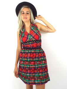 Jingle Belle Vintage 60s Plaid Print Quilted Halter Mini Holiday Party Dress