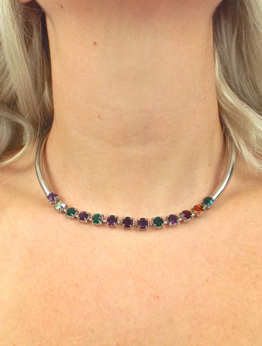 Vintage Silver Tone Multicolor Rhinestone Choker