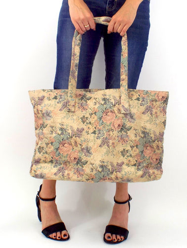Vintage 90s Large Pastel Floral Print Tapestry-Style Tote Bag