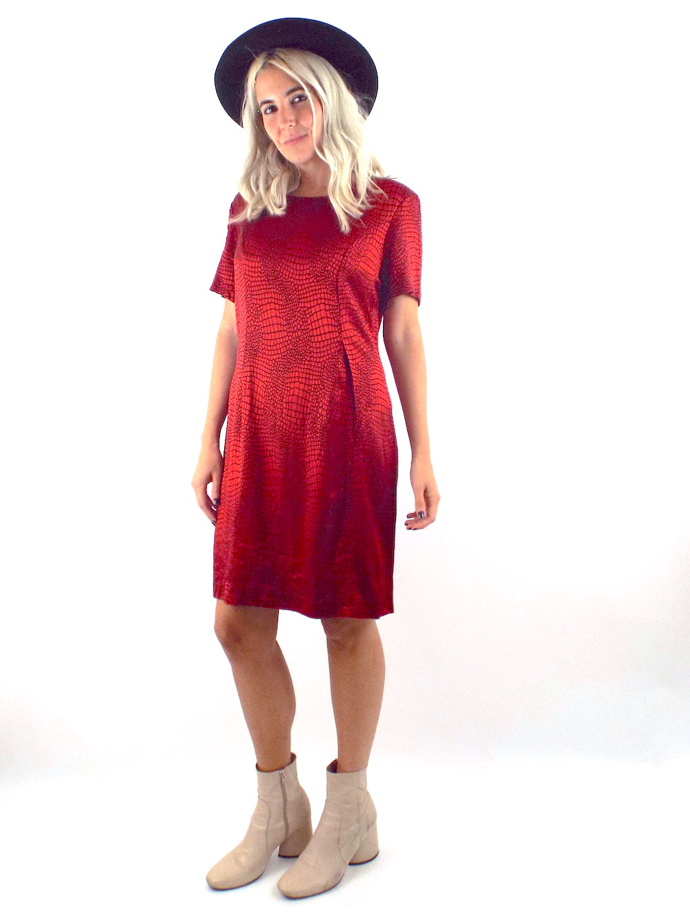 Vintage 90s Shimmery Red Snake Print Shift Dress