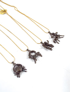 Vintage 70s Faux Gold and Bronze Zodiac Charm Necklace - Cancer, Capricorn, Gemini, Sagittarius