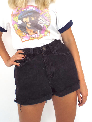 Vintage 90s Black Denim High-Waist Cut-Off Shorts -- Size 29