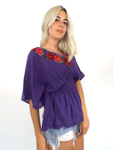 Vintage Purple Embroidered Peasant Top