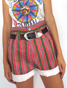 Vintage Colorful Striped High-Waist Roll Cuff Shorts -- Size 29/30