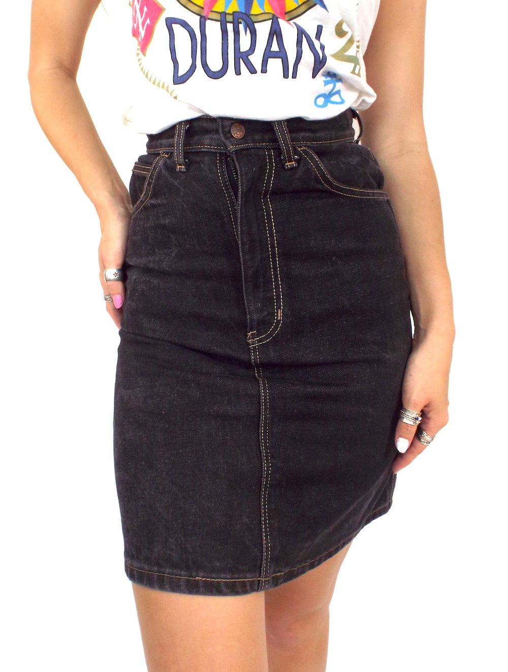 Vintage 90s Black High-Waist Denim Pencil Skirt -- Size 26