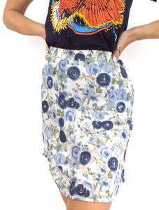 Vintage 90s High-Waist Blue Floral Print Mini Skirt -- Size 27