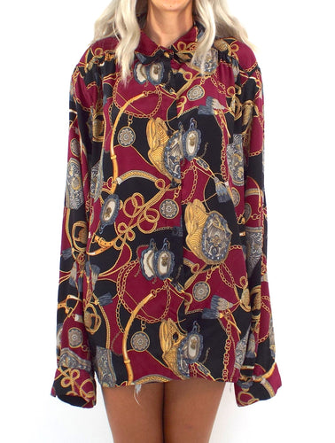 Vintage Oversized Baroque Print Button Down Blouse