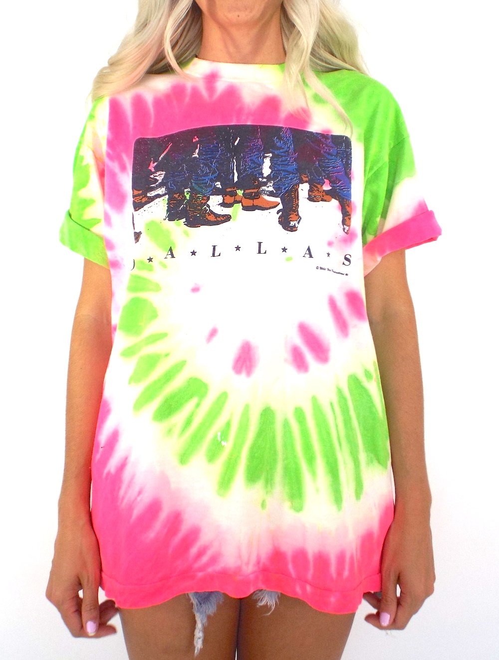  Vintage 80s Neon Pink and Green Tie Dye Dallas, Texas Tee