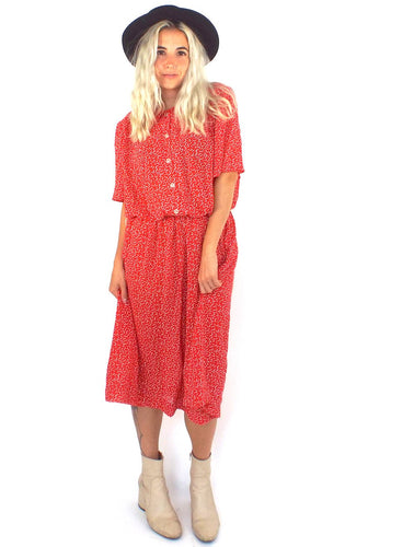 Vintage 80s Red and White Buttondown Cinched Waist Midi Dress